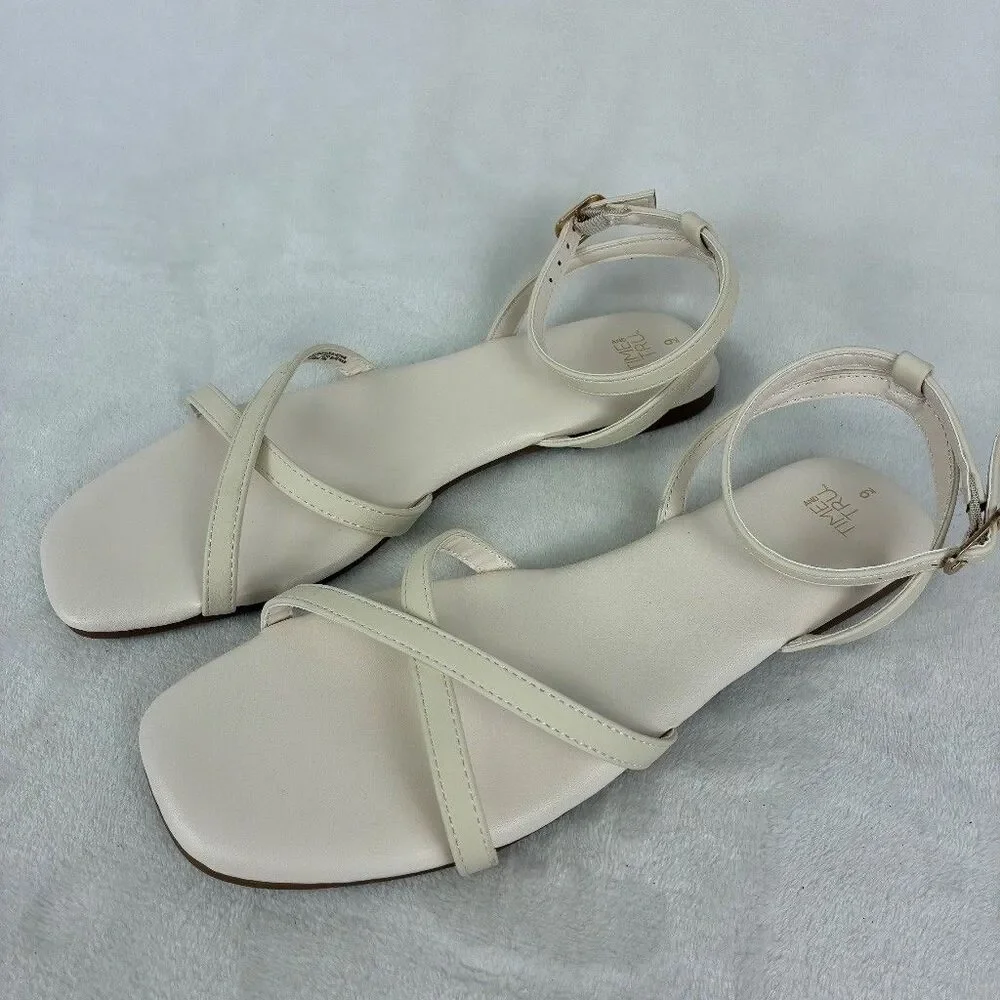 Time and Tru Womens Size 9 Cream Strappy Flat Sandals Ankle Strap Square